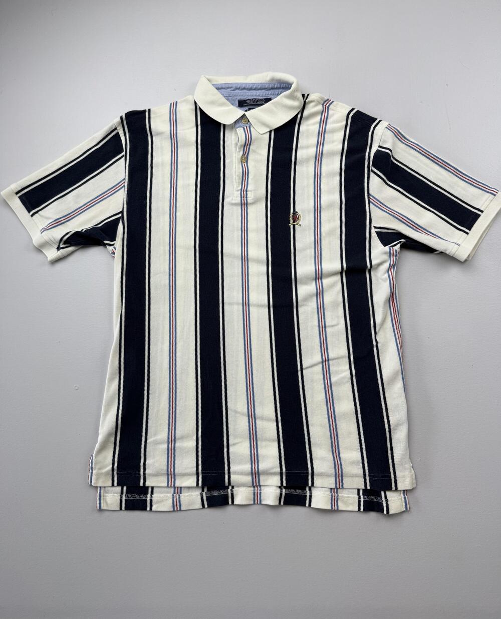 Tommy Hilfiger Polo Shirt Mens Blue Striped Crest Logo Short Sleeve Knit Read